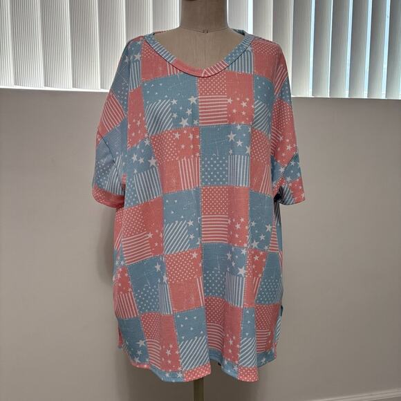 HOPELY Women's Flag Print Color Block Waffle Knit Blouse Small NWT - Picture 1 of 5
